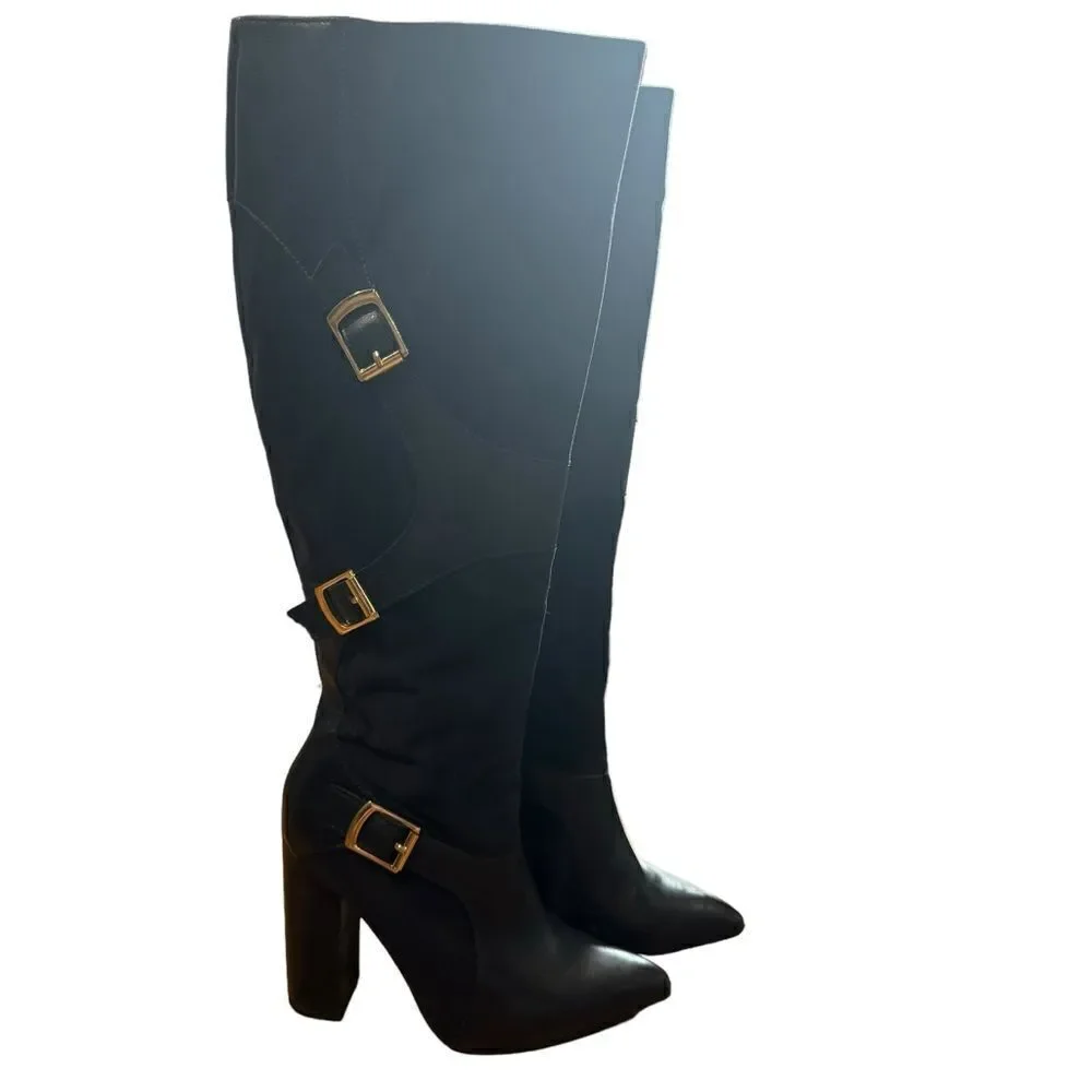 JUSTFAB Yelda Navy Blue Gold Buckle Knee High Heeled Pointed Toe Boots